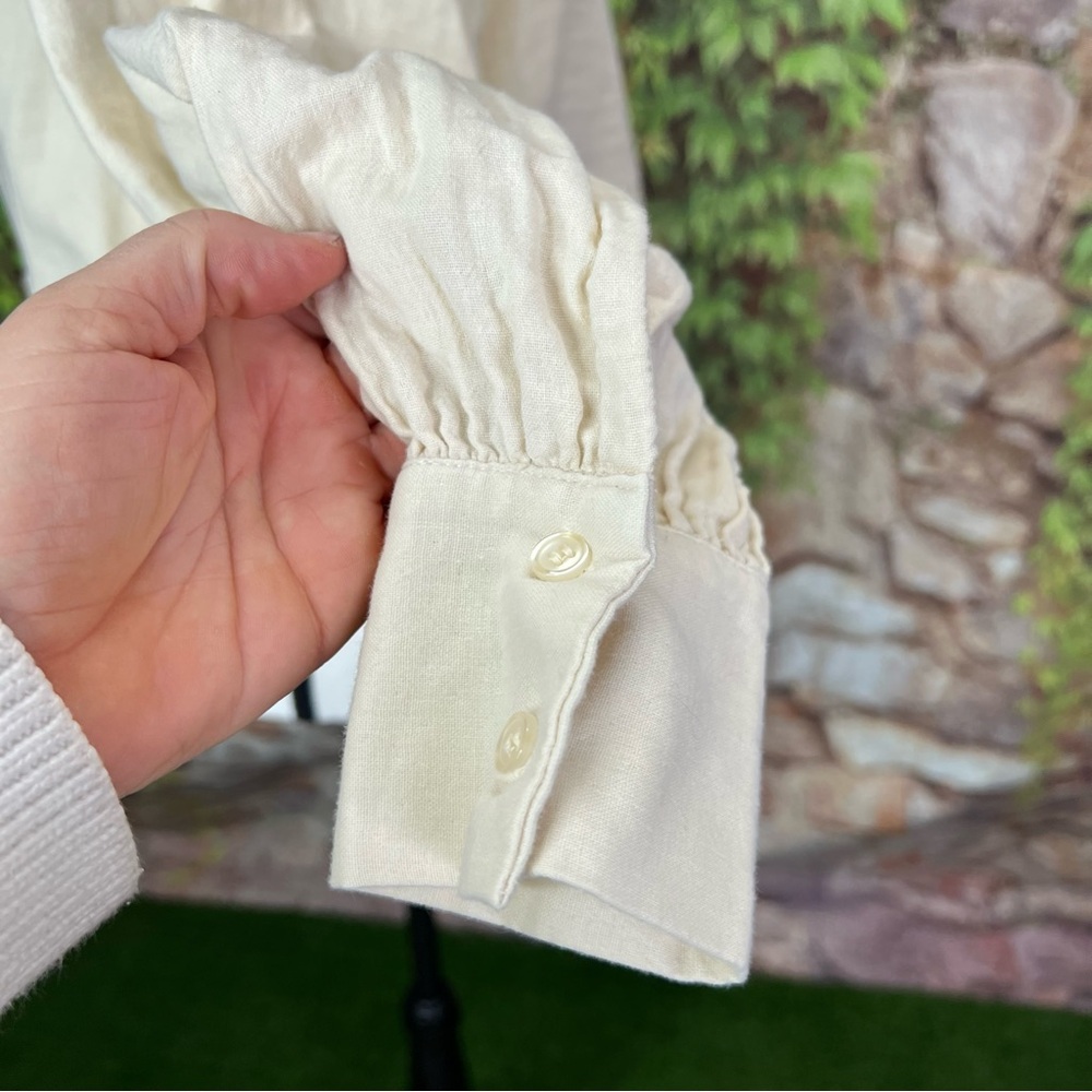 DREW Tan Button Front Quiet Luxury Drawstring Cropped Blouse, S - Picture 5 of 10